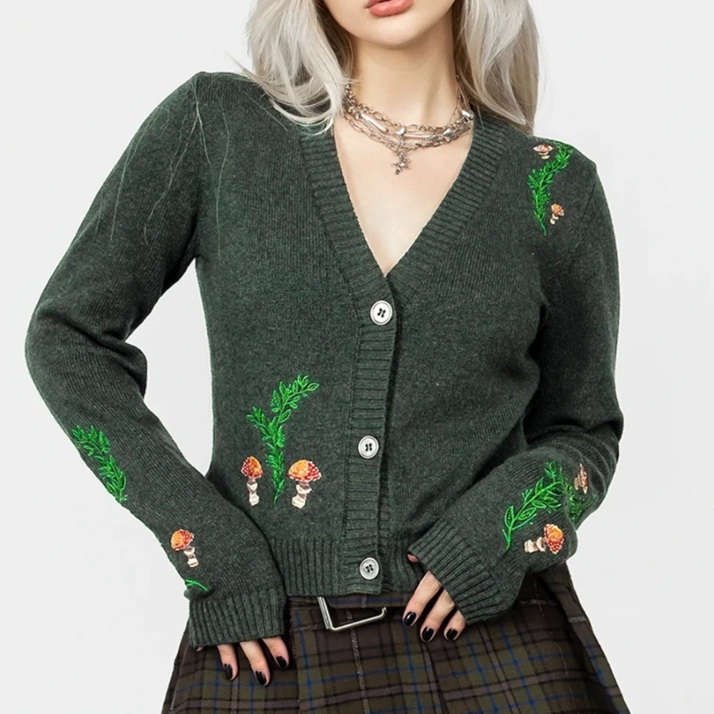 Disturbia Fable Embroidered Dark Green V-Neck Button Cardigan Sweater